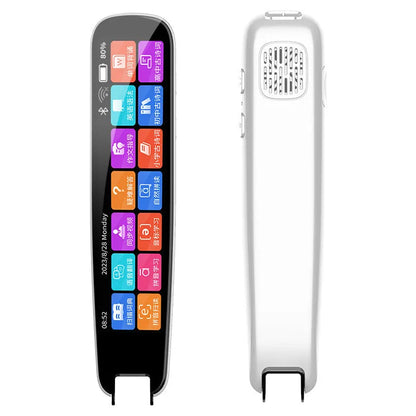 Dark grey and white offline talking translation pen for English study on a desk.