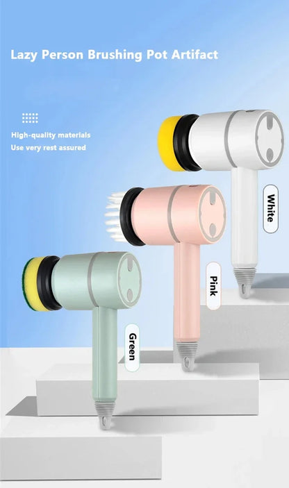 Electric cleaning brush with pink housing and multiple brush attachments for kitchen and bathroom surfaces