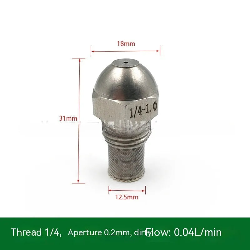 304 stainless steel high and low pressure atomising nozzle with external thread and filter.