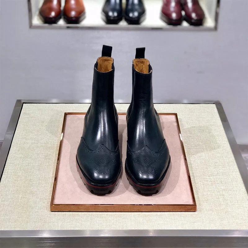 High-top leather business shoes in black with cowhide upper and leather sole, showing ankle coverage and structured design