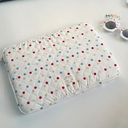 Women's solid colour polka dot polyester laptop bag shown in 11-inch, 13-14-inch, and 15-15.6-inch size options.
