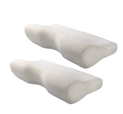 Blue butterfly-shaped memory foam cervical pillow showing contour design for neck support