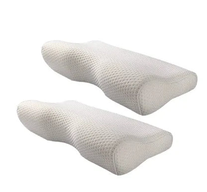 Blue butterfly-shaped memory foam cervical pillow showing contour design for neck support