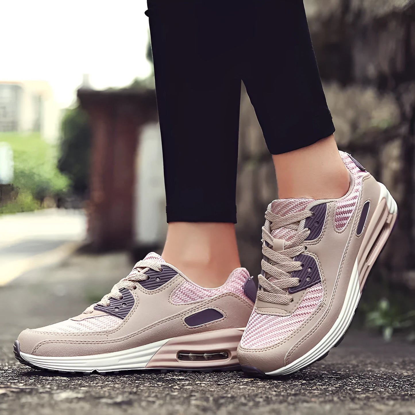 Women's casual shoes with a low heel in beige orange, grey, and pink purple colour options.