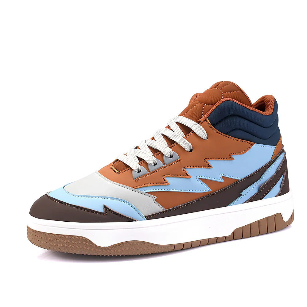 Men's high-top lace-up sneakers in brown with artificial leather uppers and rubber soles showing round toe design