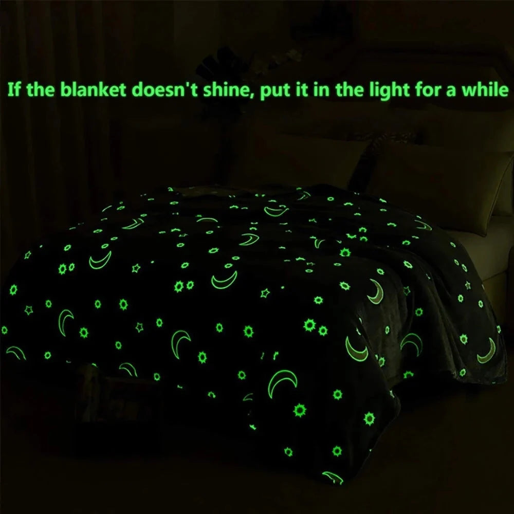 Glowing polyester wool blanket with stars and moons pattern for nighttime comfort