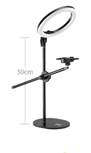 Black mobile phone bracket fill light for live broadcast, with 10-inch fill light option and general fit.