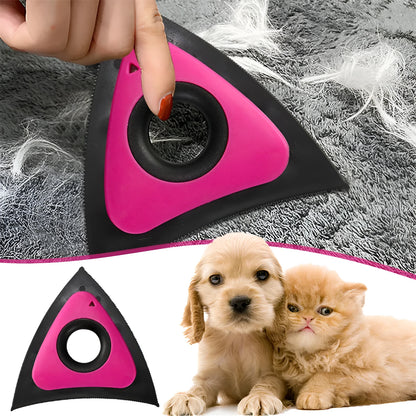 Triangular ABS pet hair remover brush in red, green or orange with bow-shaped handle and three gear densities