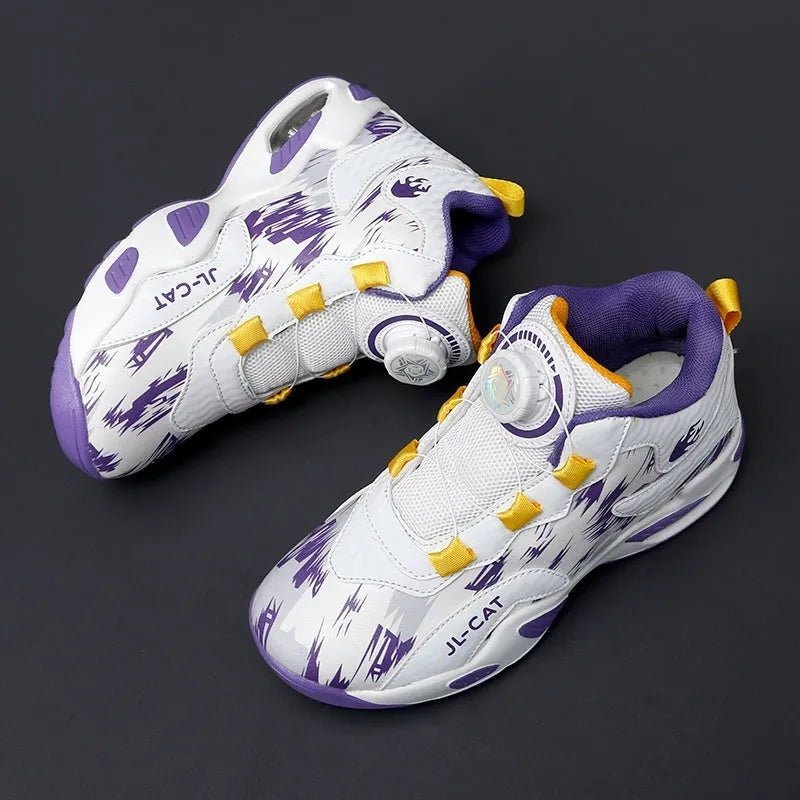 Children's rotating button running shoes in black with PU sole and synthetic leather upper, showing button closure mechanism