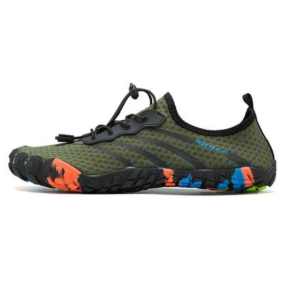 Fast drainage outdoor fitness shoes in army green colour with mesh upper and rubber sole