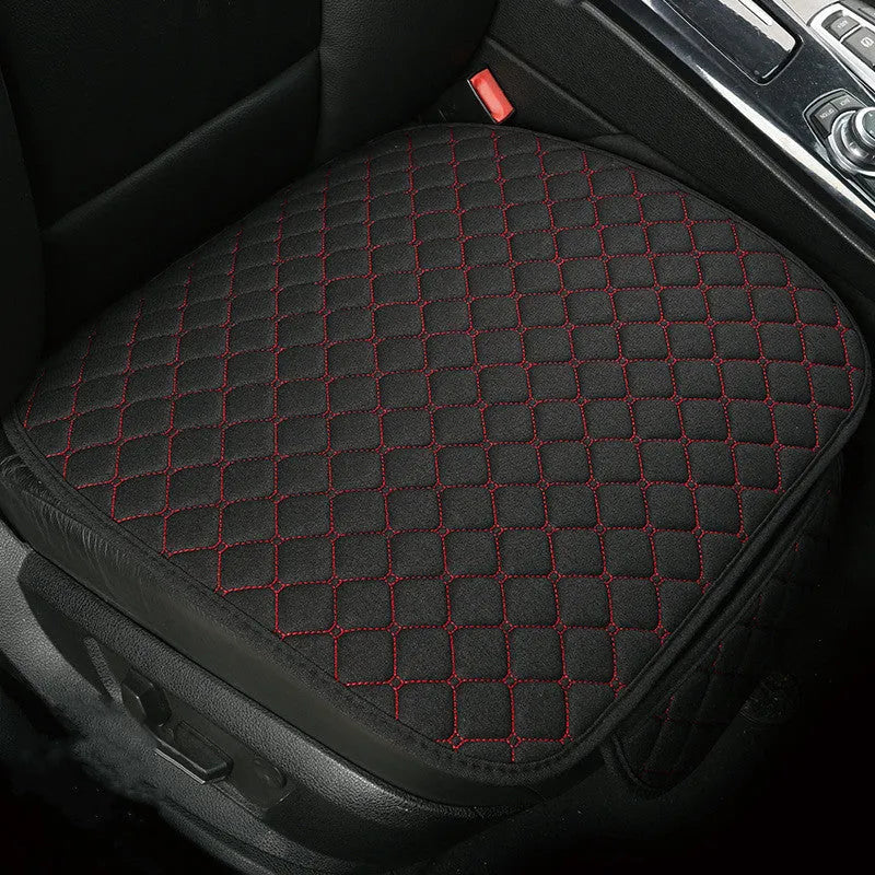 Flax linen car seat cover protector in beige, black, red and brown, with cushion and five-seat style options.