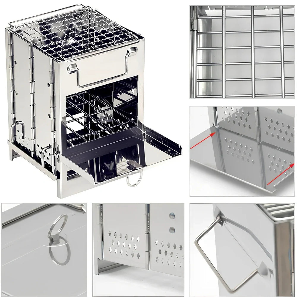 Silver portable folding stainless steel camping stove unfolded to 21x15x15cm with 15x15cm grill for wood and charcoal