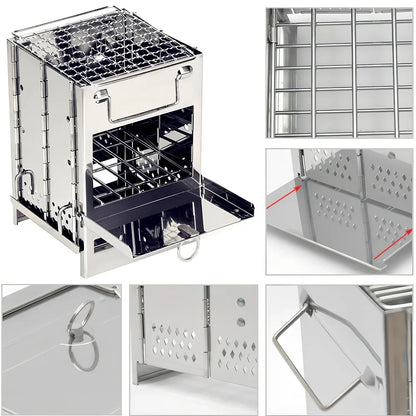 Silver portable folding stainless steel camping stove unfolded to 21x15x15cm with 15x15cm grill for wood and charcoal