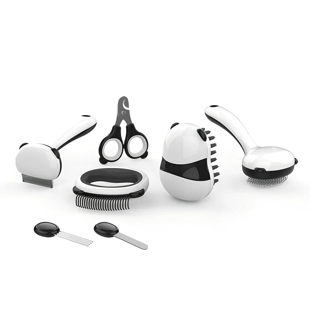 Panda model cat grooming set with 7 tools including combs and nail care implements