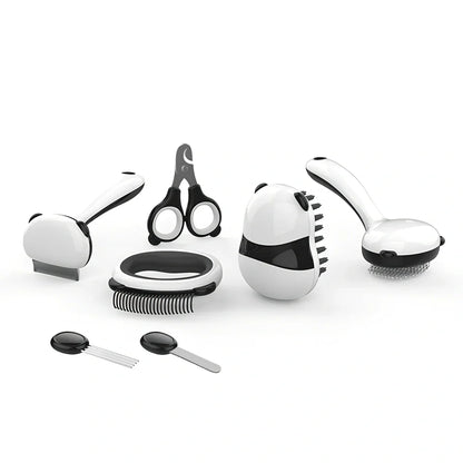 Panda model cat grooming set with 7 tools including combs and nail care implements
