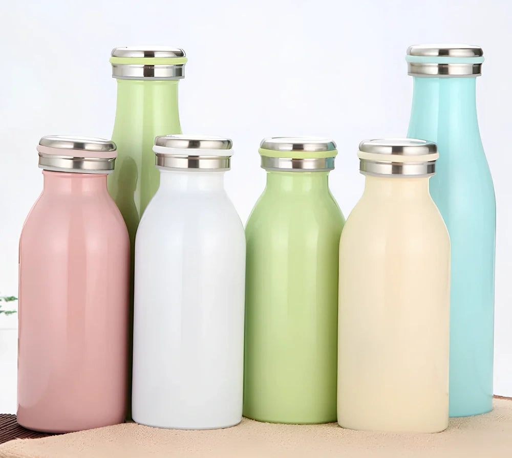 Milk vacuum water bottle in blue, 350ml size with 304 stainless steel insulation and silicone seal, 17cm tall