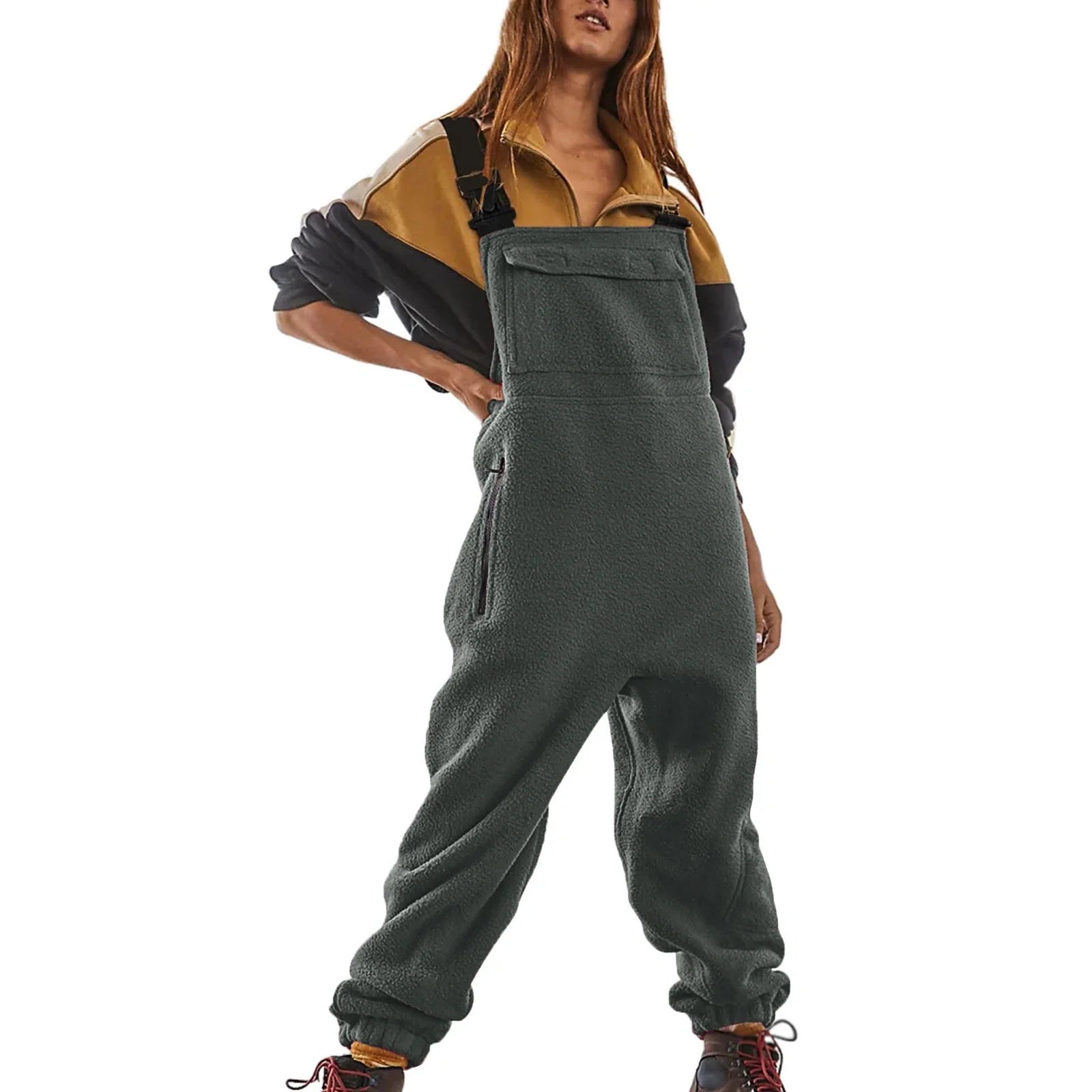 Premium polar fleece jumpsuit in various colors, featuring adjustable suspenders and a wide waistband for a customized fit.