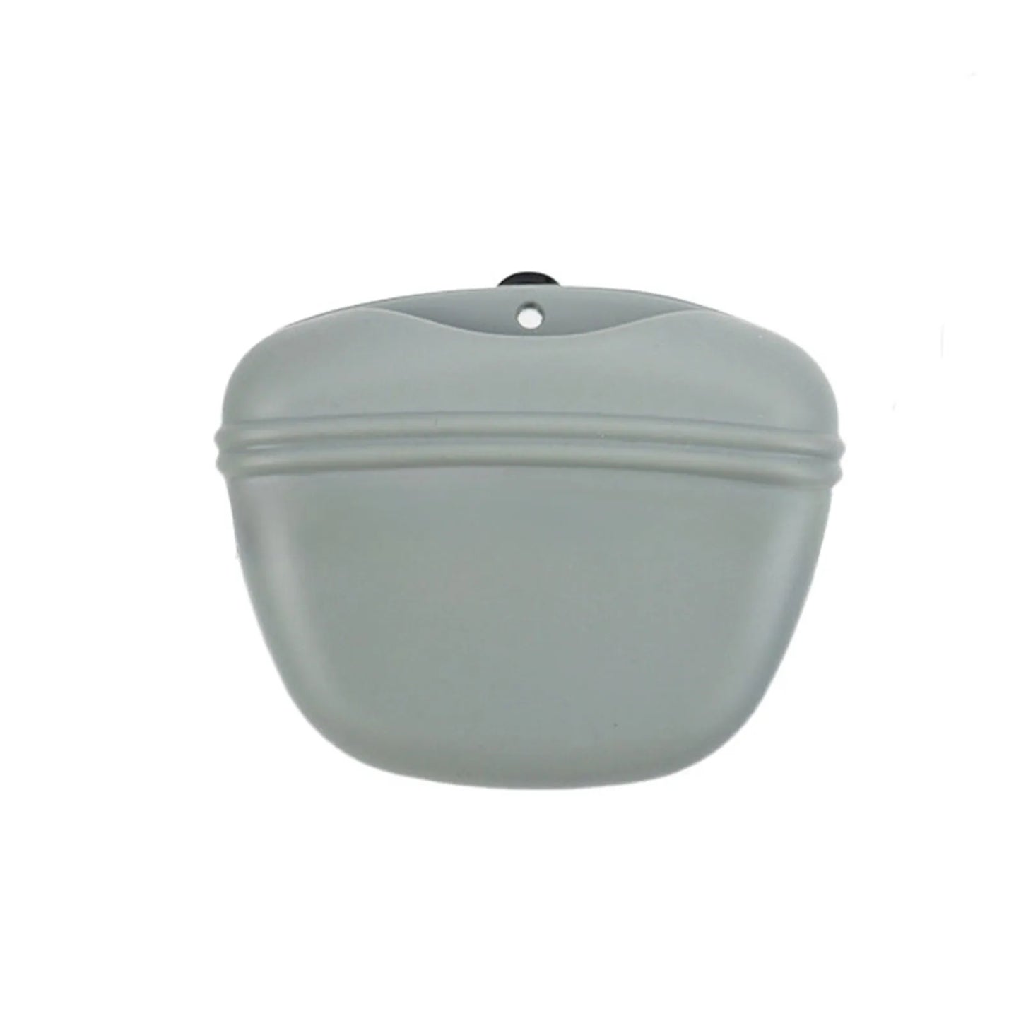 Black silicone dog training treat pouch with clip and magnetic closure shown attached to a belt.