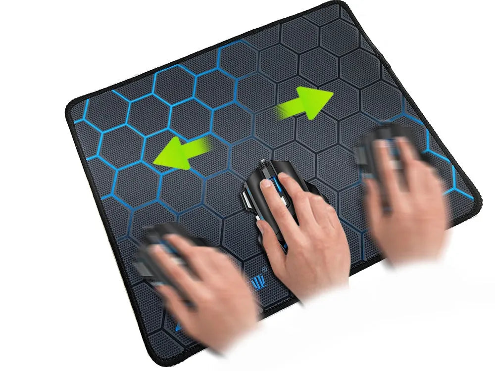 Custom cartoon design natural rubber cloth mouse mat in three sizes on a desk.