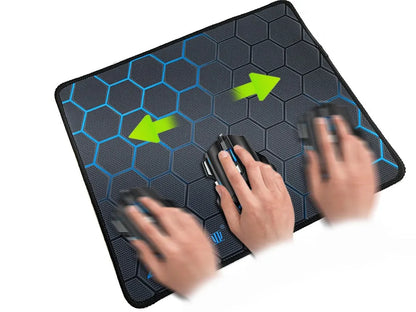 Custom cartoon design natural rubber cloth mouse mat in three sizes on a desk.