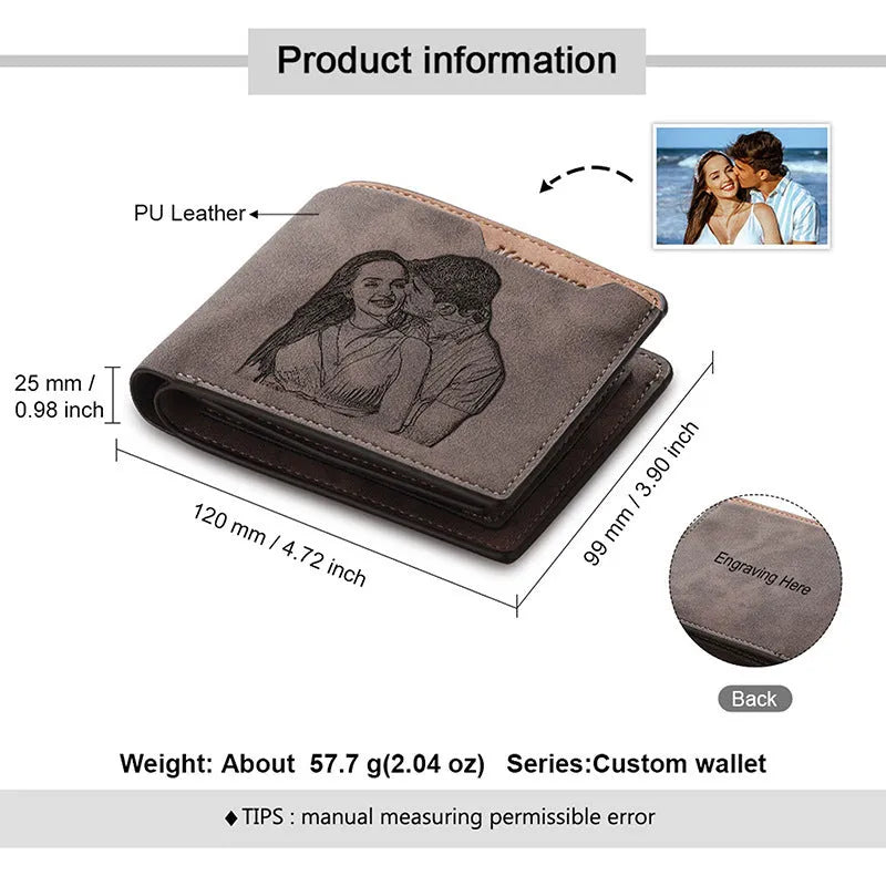 Coffee coloured engraved horizontal short wallet with photo personalisation, showing 120x99x25mm dimensions and 7-slot design