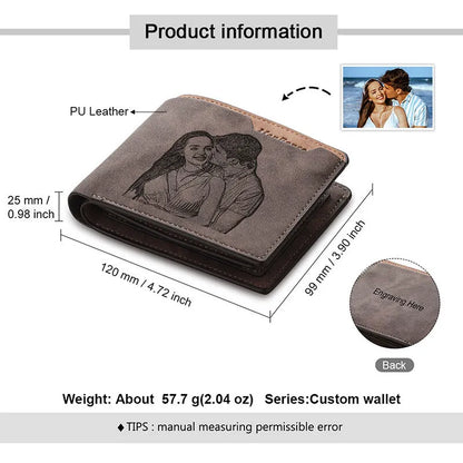 Coffee coloured engraved horizontal short wallet with photo personalisation, showing 120x99x25mm dimensions and 7-slot design