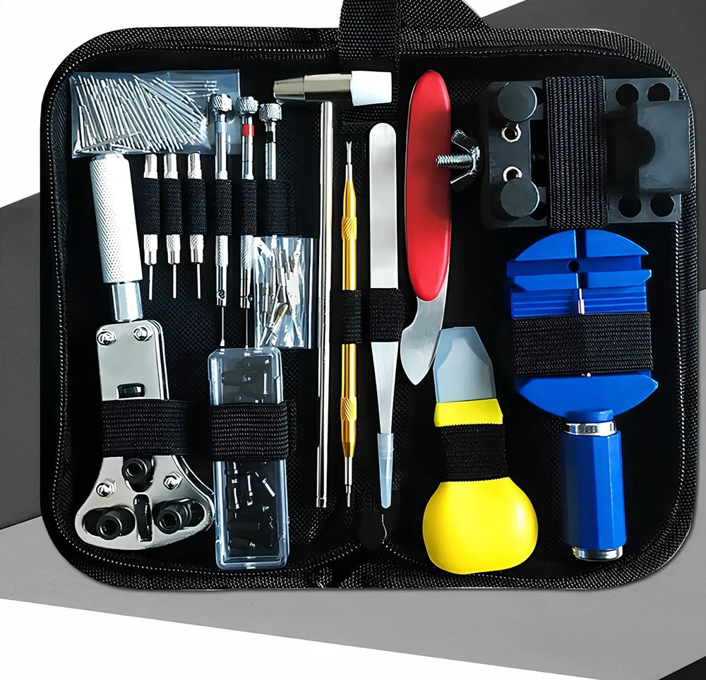 Watch repair kit with 147 tools including screwdrivers, case openers, and spring bar tools for home watch maintenance