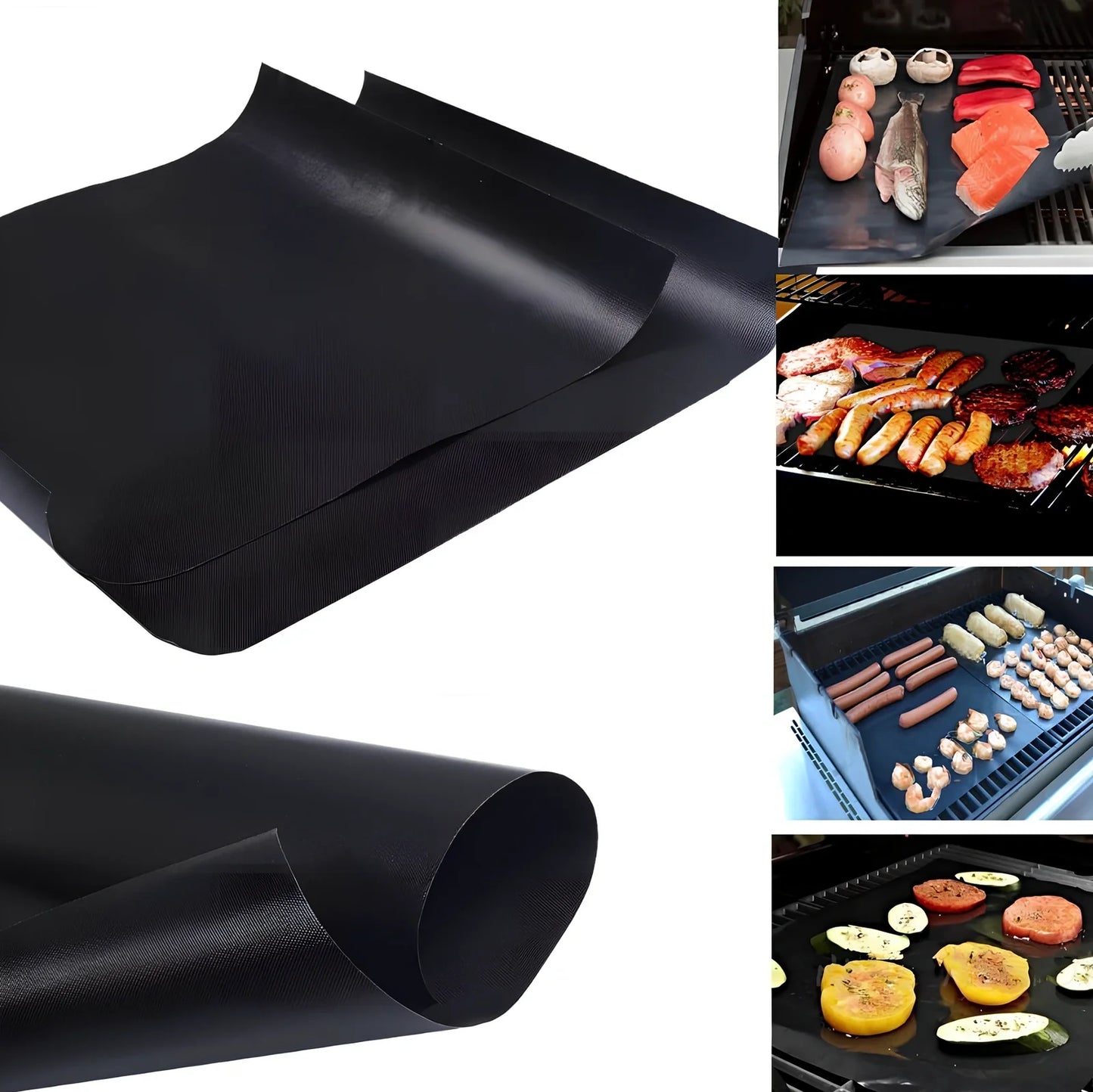 Black reusable non-stick BBQ grilling mat measuring 400x330mm with PTFE-coated fibreglass surface