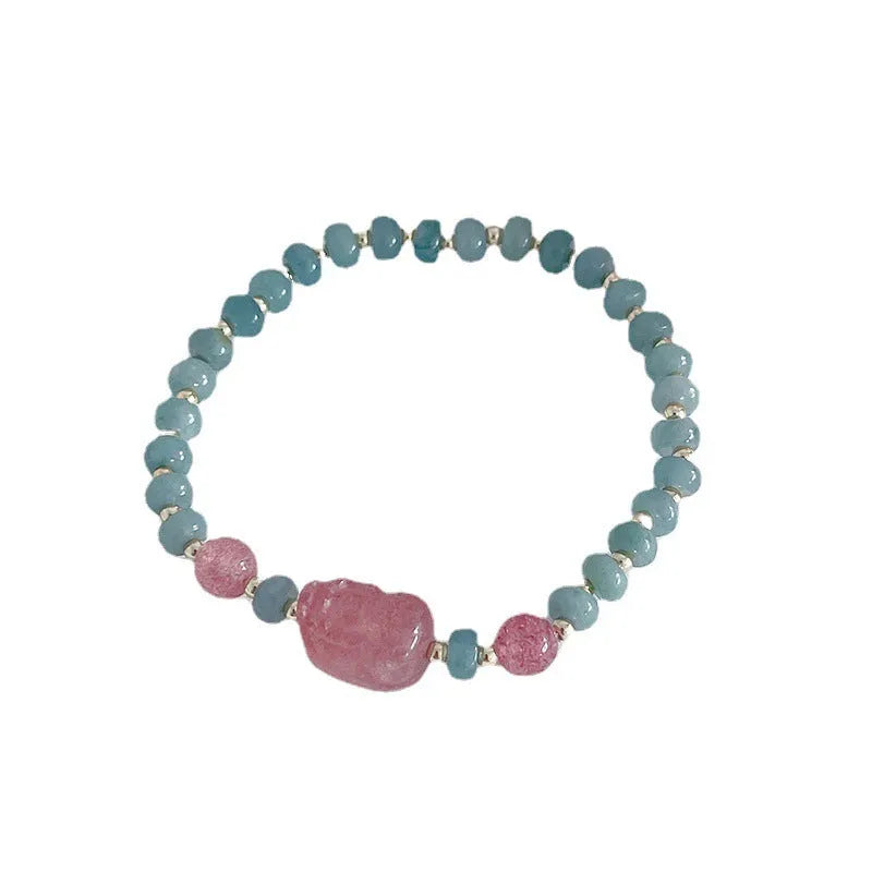 Blue Hetian jade gourd peace buckle bracelet with strawberry quartz beads and adjustable length
