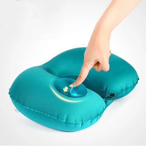 Inflatable U-shaped travel pillow with built-in air valve for customizable comfort and neck support during flights and car travel