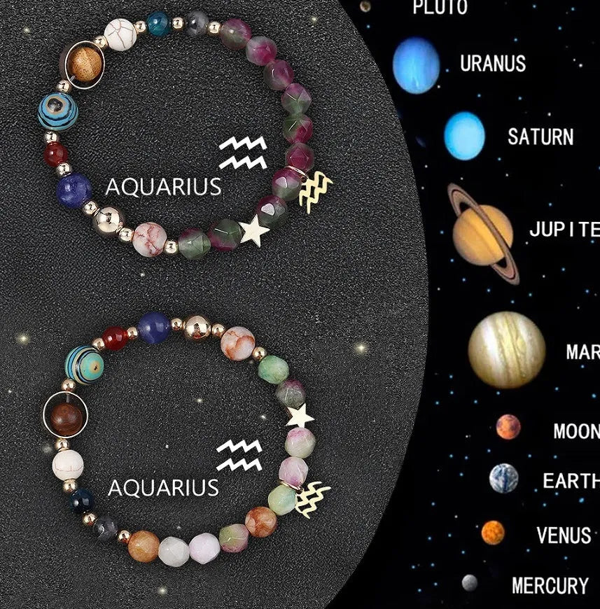 Two natural stone beaded bracelets with zodiac sign charms on adjustable knotted cords