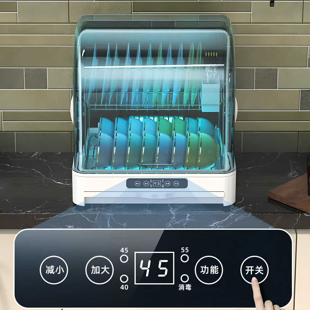 White desktop kitchen disinfection dryer with compact design showing control panel and 360° constant temperature technology