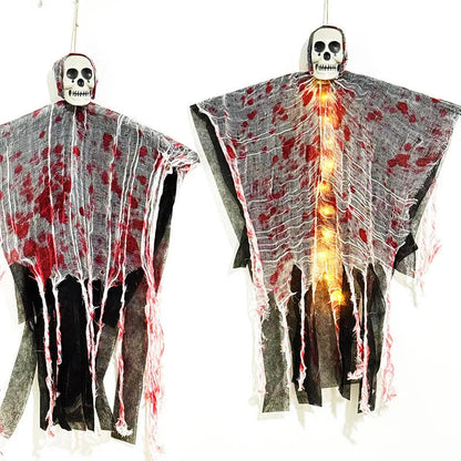 Blood-dyed luminous plastic skull hanging ghost Halloween ornament measuring 30cm with hanging loop