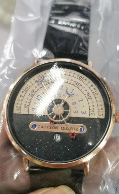 Men's M-1288 quartz wristwatch with round dial, stainless steel case, and leather strap showing time display