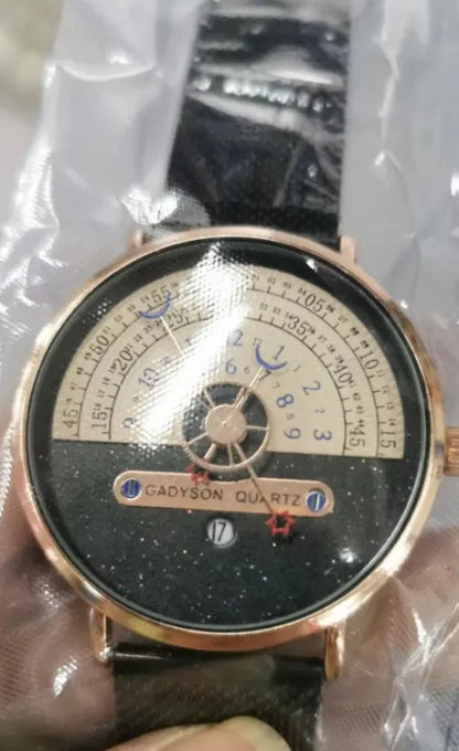 Men's M-1288 quartz wristwatch with round dial, stainless steel case, and leather strap showing time display