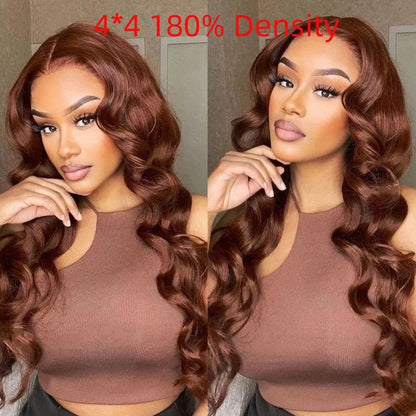 Wavy brown lace front human hair wig, hand-woven, 4x4 13x4 13x6 lace, 8-40 inch lengths, natural style.