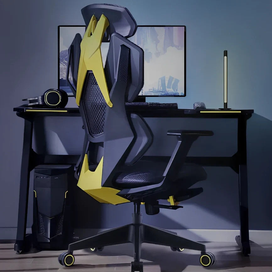Ergonomic esports gaming chair with rotating armrests and built-in foot pedal in mesh fabric
