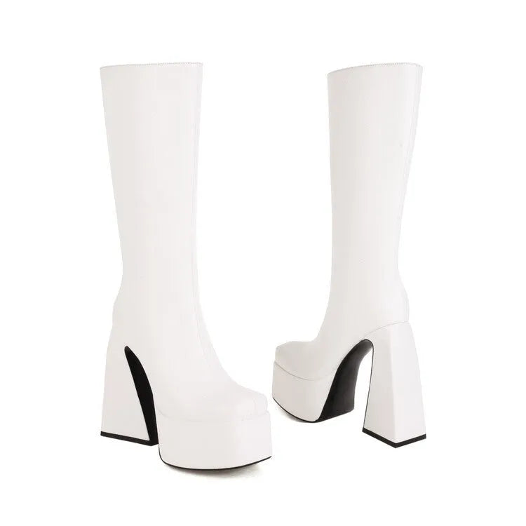 Women's high boots with artificial PU upper in black, red, blue, or white colours, sizes 34-43