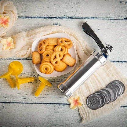 Stainless steel cookie press gun with multiple discs for baking and icing