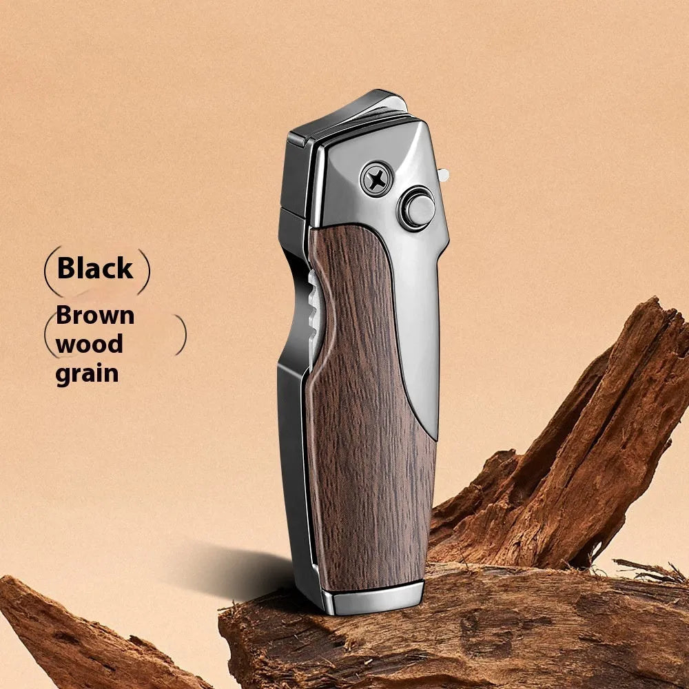 Metal folding lighter with integrated knife showing zinc alloy construction and safety lock mechanism