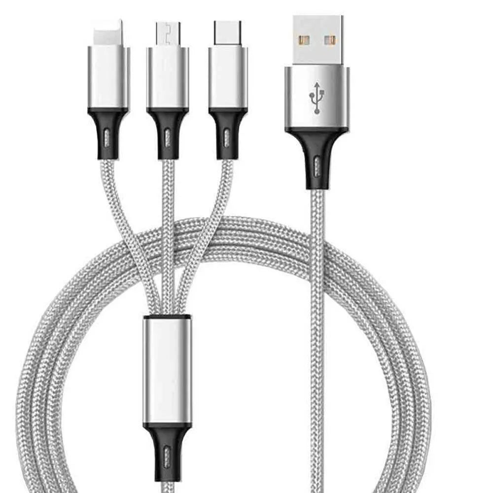 Red 3-in-1 braided charging cable with iPhone, Android and Type-C connectors shown at 1.25 metre length