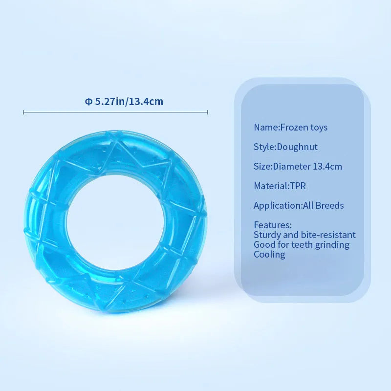 Three plastic dog toys: a blue pacifier, a red popsicle and an orange ring, designed to be filled with water and frozen.