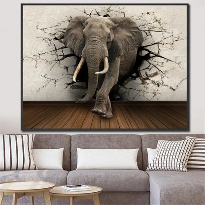Grey elephant canvas painting, oil on canvas, frameless rectangular wall art in 30x40cm or 60x80cm