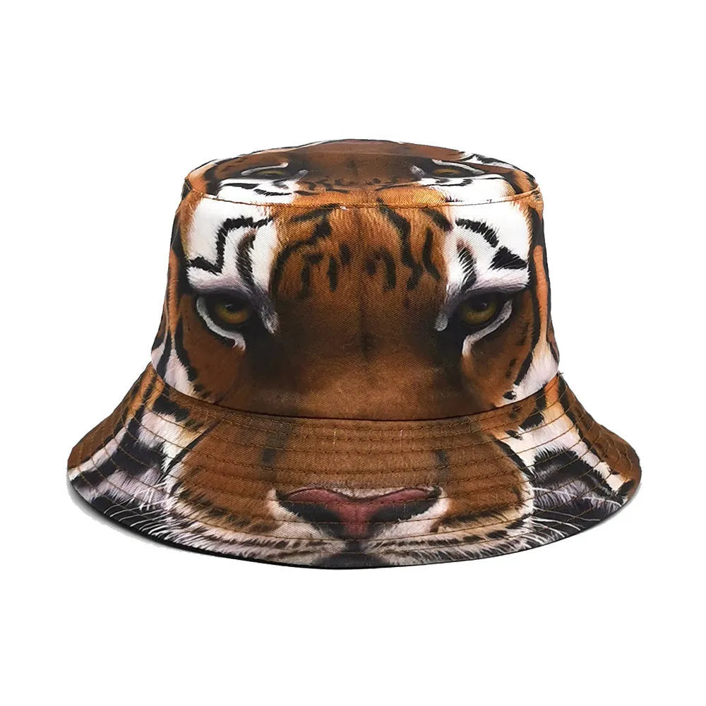 Tiger print bucket hat with dome crown on a neutral background