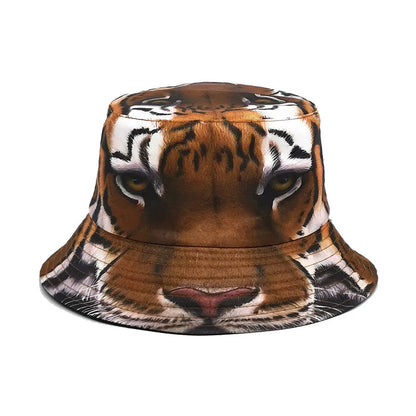Tiger print bucket hat with dome crown on a neutral background