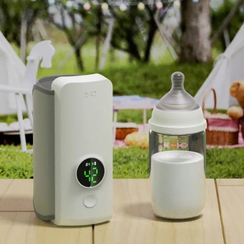 Grey non-woven portable baby bottle warmer with USB charging cable showing wrap-around design for universal bottle fit
