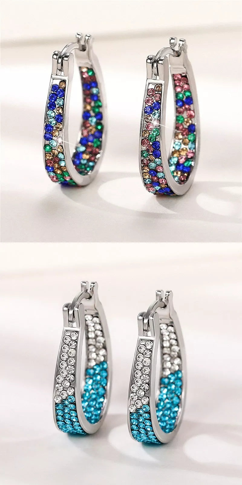 Colorful geometric diamond earrings for women in pink, purple, sky blue, and multicolor options