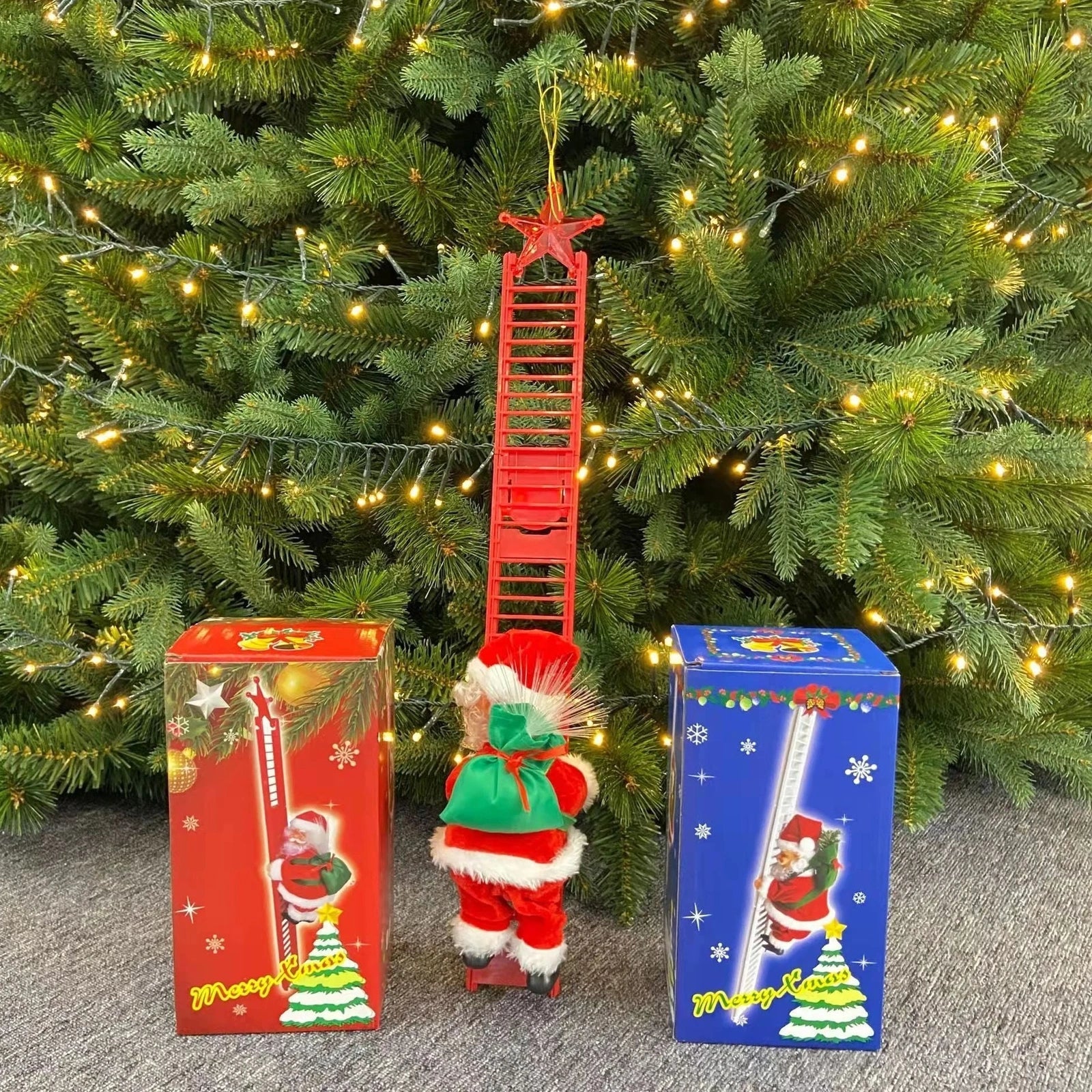 Electric Santa Claus climbing ladder decoration measuring 20cm tall with continuous motion mechanism