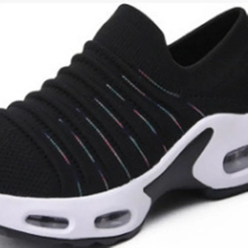 Women's fly-knit stretch socks shoes in dark blue with mesh upper and low heel