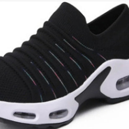 Women's fly-knit stretch socks shoes in dark blue with mesh upper and low heel